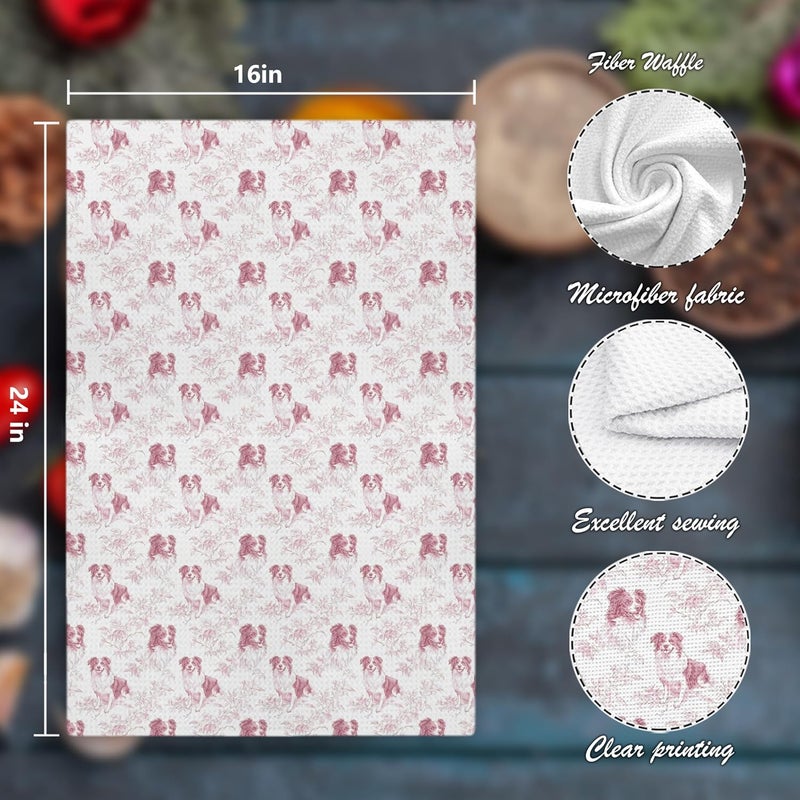 Nipil Border Collie Dog Gifts for Pink Chinoiserie Floral Decor Kitchen Towels，Pink Border Collie Dog Grandmillennial Decorative Dish Tea Towels for Kitchen Bathroom,16x24 Inch - Image 2